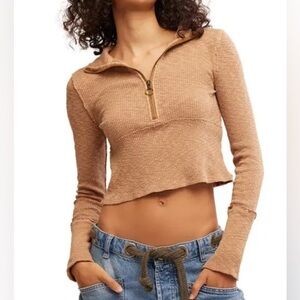 Free People Tan Midnight Stretch Cotton Half Zip Crop Top